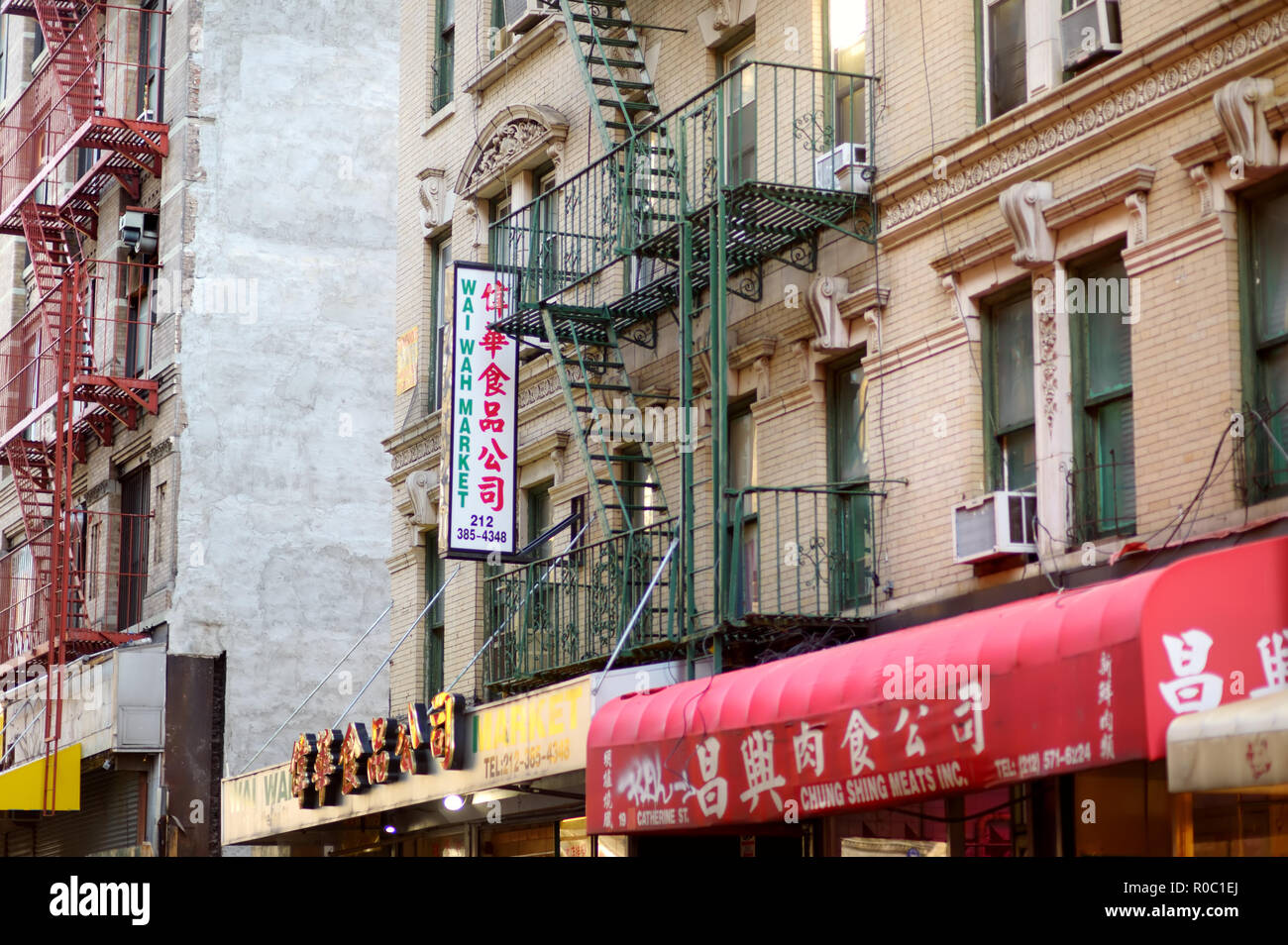 NEW YORK - MARZO 21, 2015: insegne di negozi cinesi nel quartiere Chinatown di New York City, uno dei più antichi Chinatowns al di fuori dell'Asia. Foto Stock