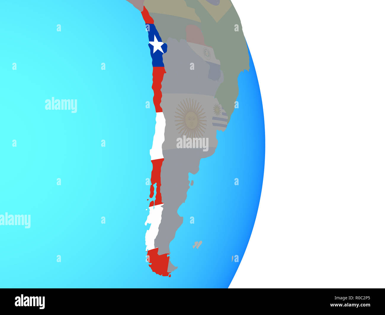 Il Cile con bandiera nazionale su semplici globo politico. 3D'illustrazione. Foto Stock
