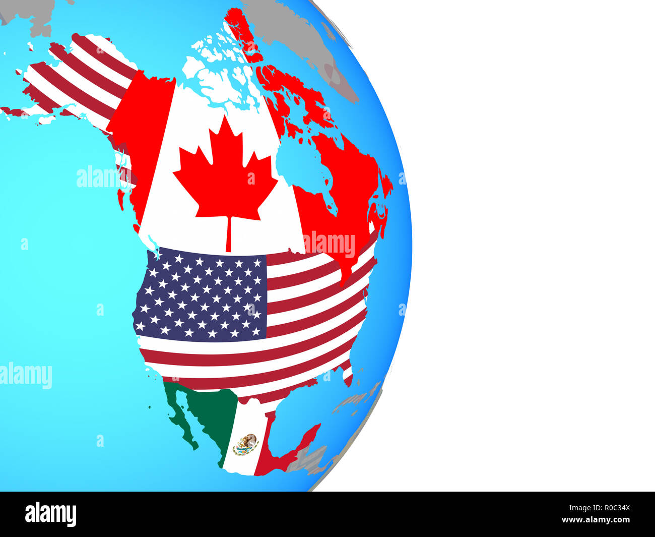 Il NAFTA memeber membri con bandiere nazionali sulla semplice globo politico. 3D'illustrazione. Foto Stock