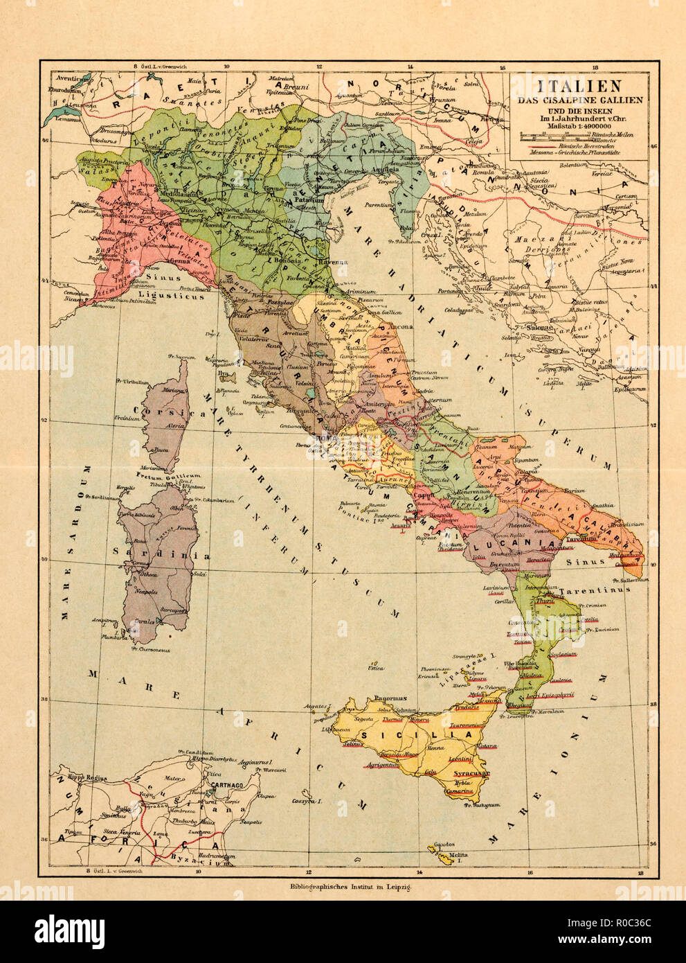 Mappa di Italia e delle isole nel I secolo d.c. Foto Stock