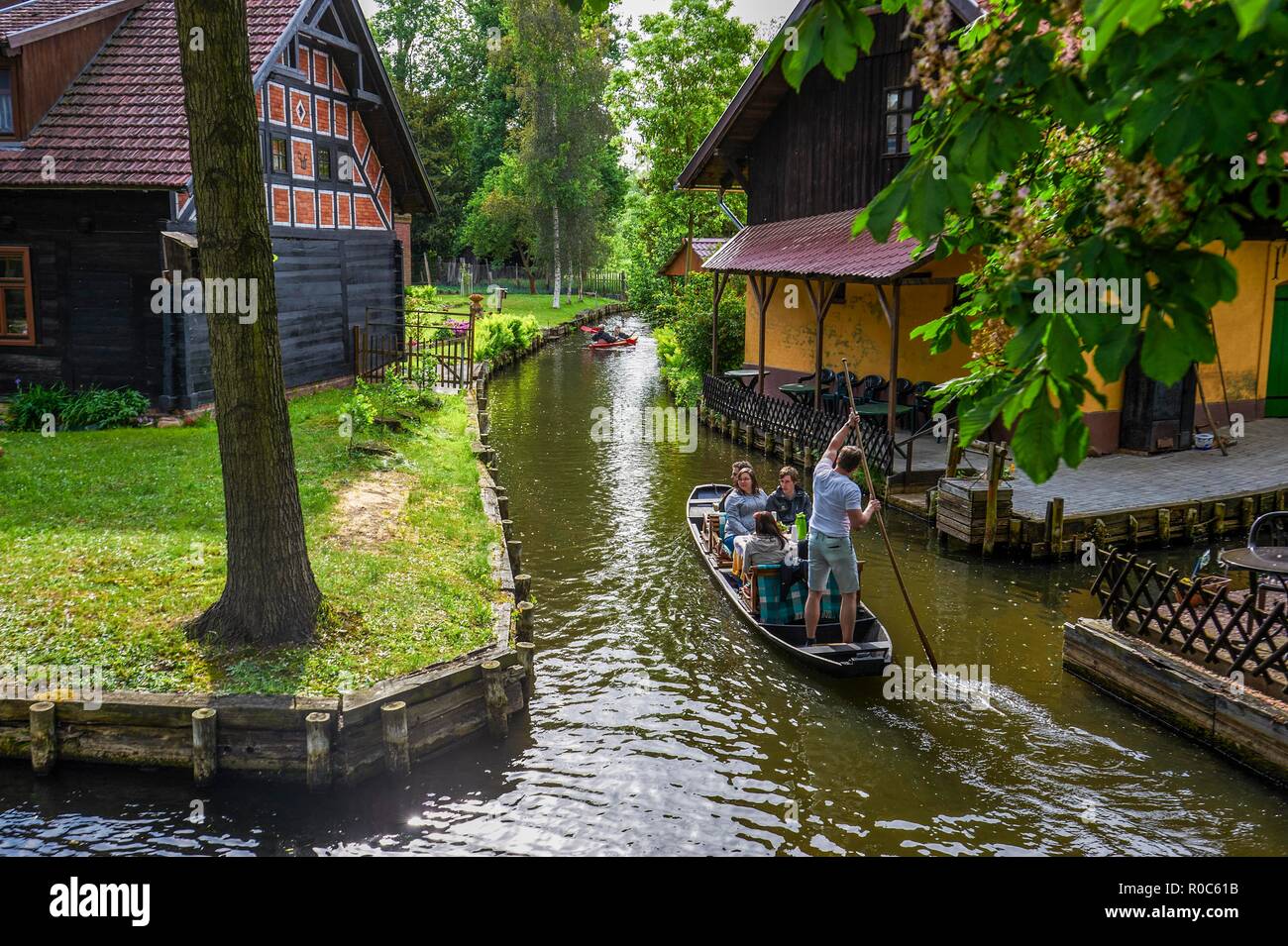 La Germania, il Land Brandeburgo, Spreewald. Boatman la polarizzazione di un imbarcazione turistica attraverso la Spreewald canali in Lehde Foto Stock