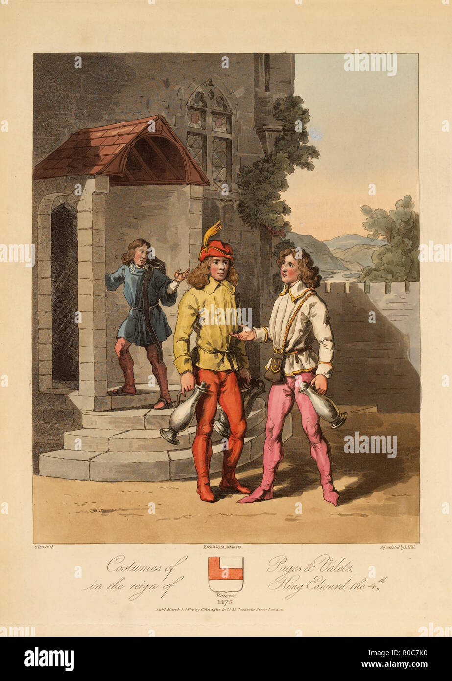 I costumi di pagine & parcheggiatori nel regno di Re Edoardo il 4th, 1475, Aquatinted da J. Hill, 1814 Foto Stock