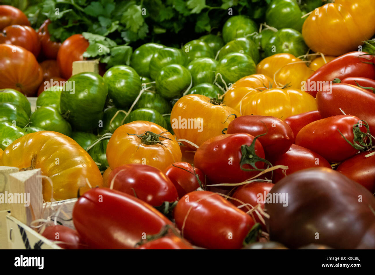 Pomodori freschi in vendita in London Borough Market Foto Stock