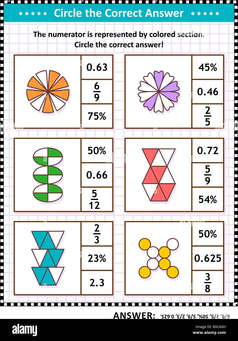 Le competenze matematiche formazione visual puzzle o foglio di lavoro. Cerchiare la risposta corretta. Trovare il numero equivalente per ciascuna frazione pittorica di rappresentanza. Risposta inclusa. Illustrazione Vettoriale
