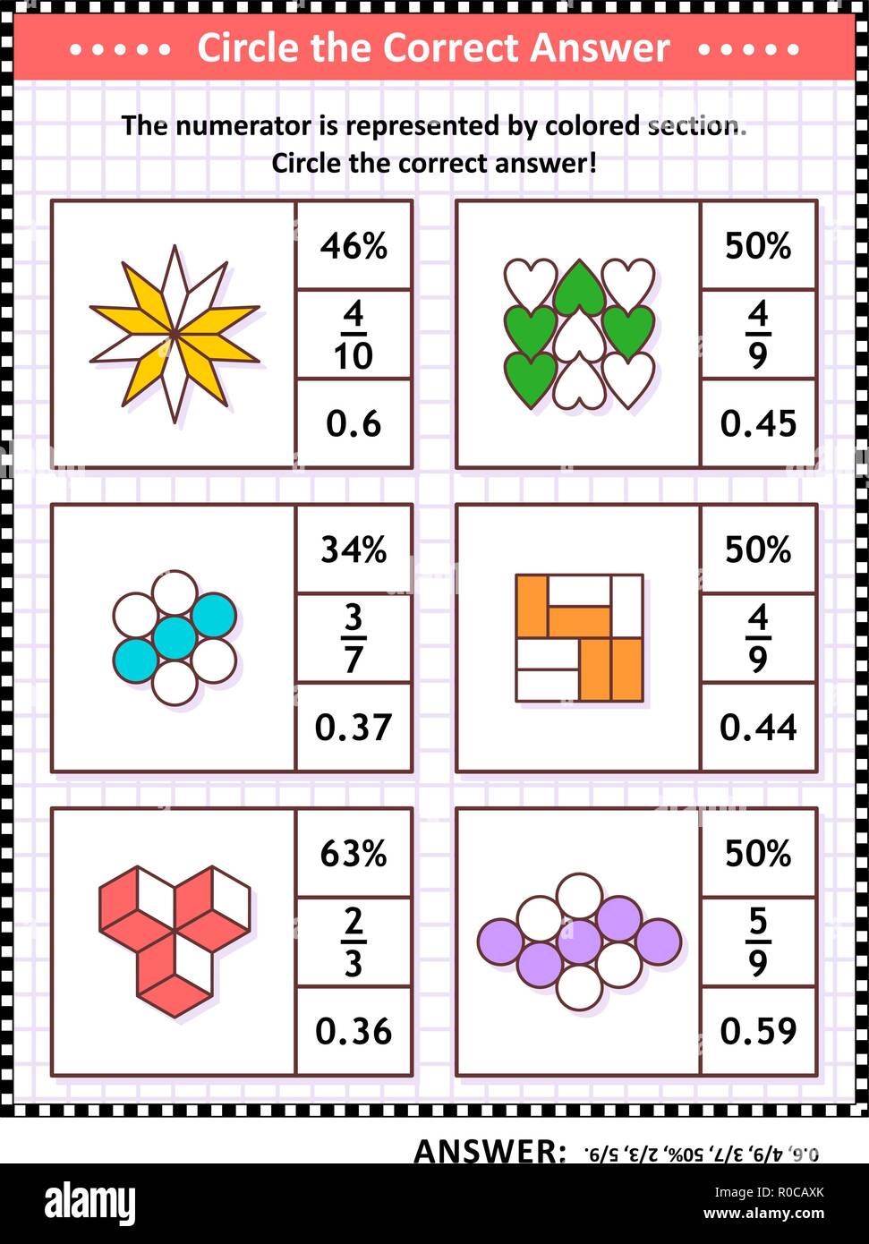 Le competenze matematiche formazione visual puzzle o foglio di lavoro. Cerchiare la risposta corretta. Trovare il numero equivalente per ciascuna frazione pittorica di rappresentanza. Risposta inclusa. Illustrazione Vettoriale