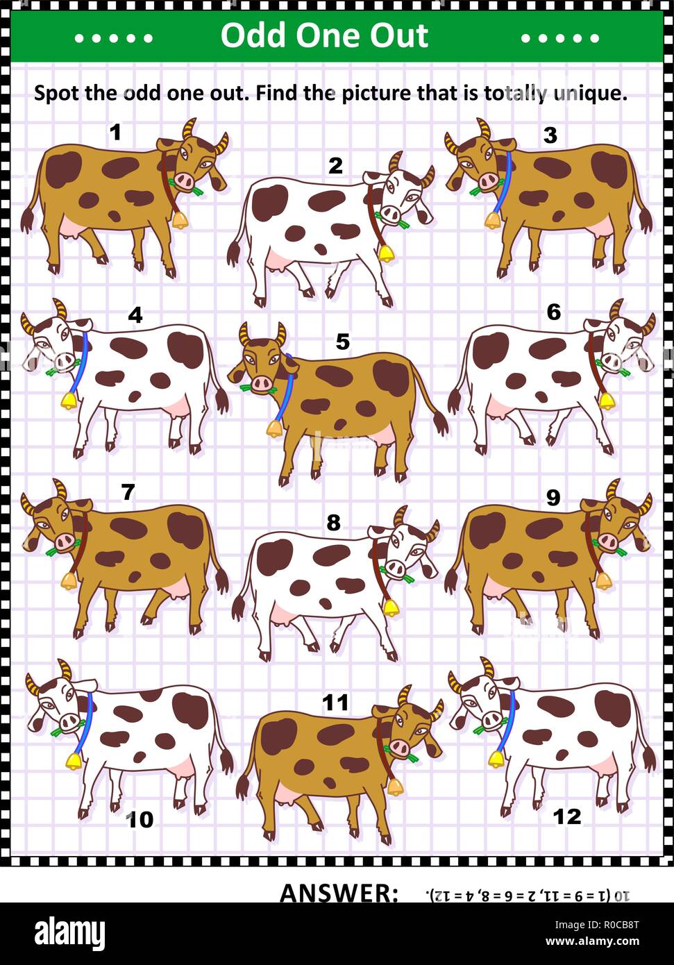 Formazione IQ visual puzzle con vacche da latte del pascolo (adatta sia per bambini che per adulti): Spot l'intruso. Trovare un unico quadro. Illustrazione Vettoriale