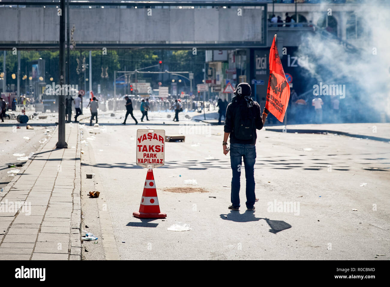 Giovane manifestante femmina tenendo un flag su una strada coperta con gas lacrimogeni sparati dalla polizia durante Gezi park proteste di Ankara, Turchia Foto Stock