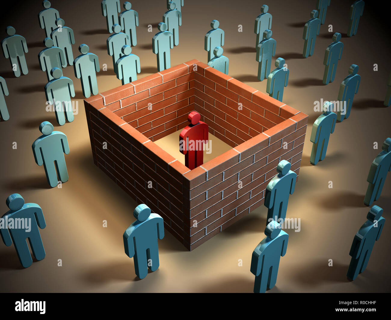 Alcuni muri di mattoni di isolare un individuo differente da altre persone. Illustrazione Digitale. Foto Stock