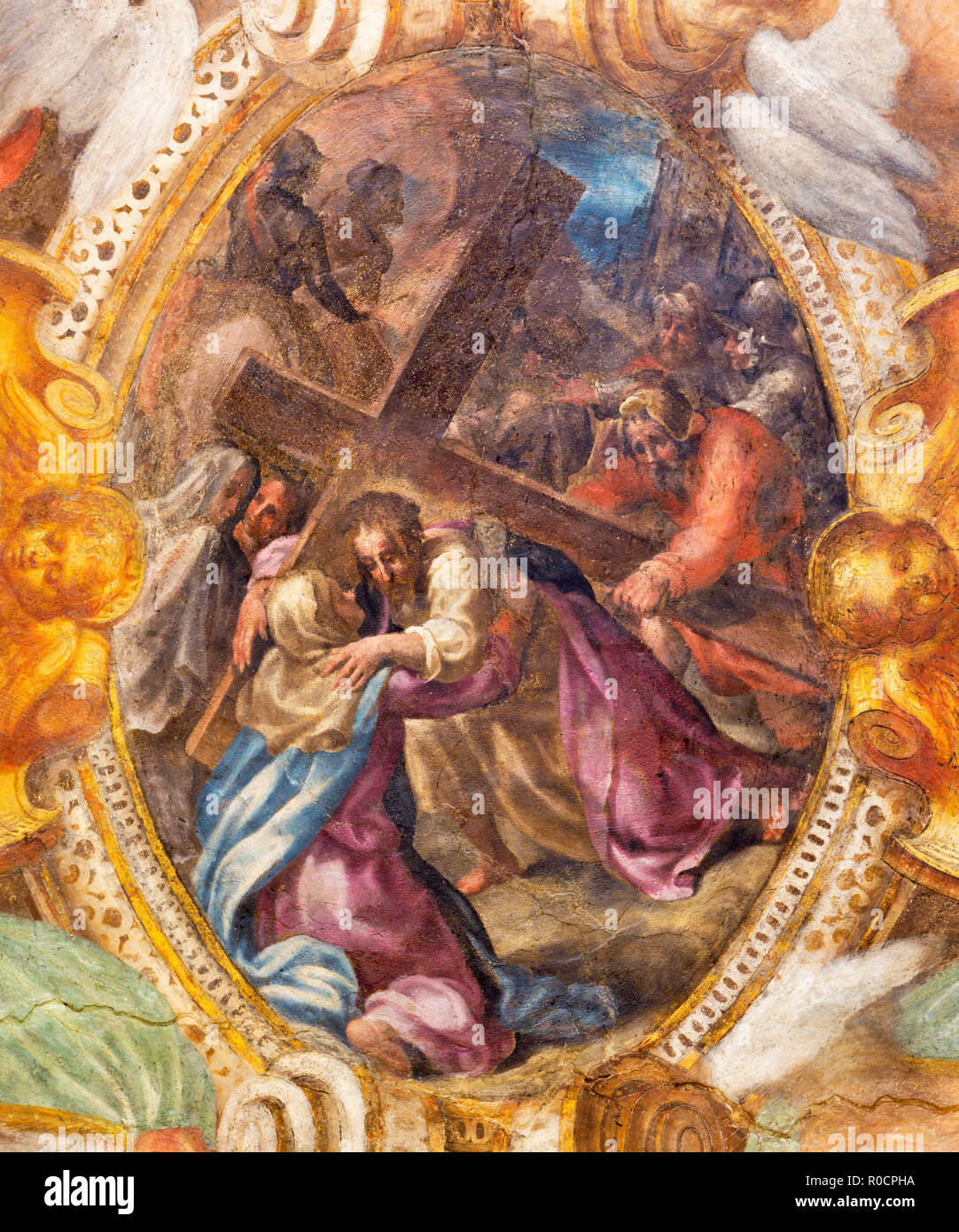 PARMA, Italia - 17 Aprile 2018: l'affresco di Gesù con la croce incontra sua Madre nella Chiesa di Santa Maria degli Angeli di Pier Antonio Bernabei Foto Stock