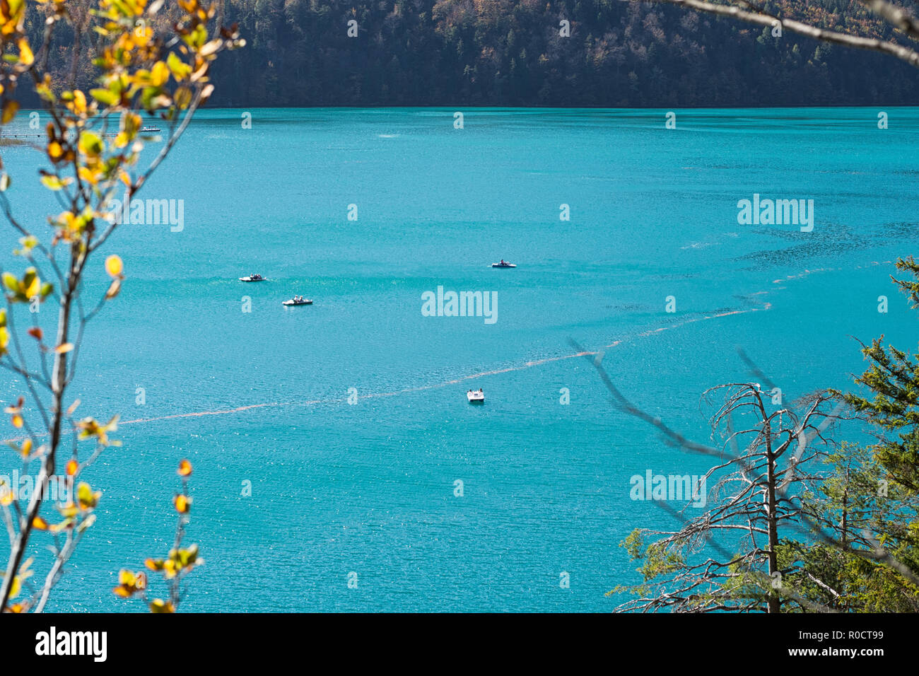 Vista dal percorso intorno al lago Alpsee, Schwangau, Germania, per il color turchese del lago con barche a pedali su di esso, in una calda giornata di sole in autunno. Foto Stock