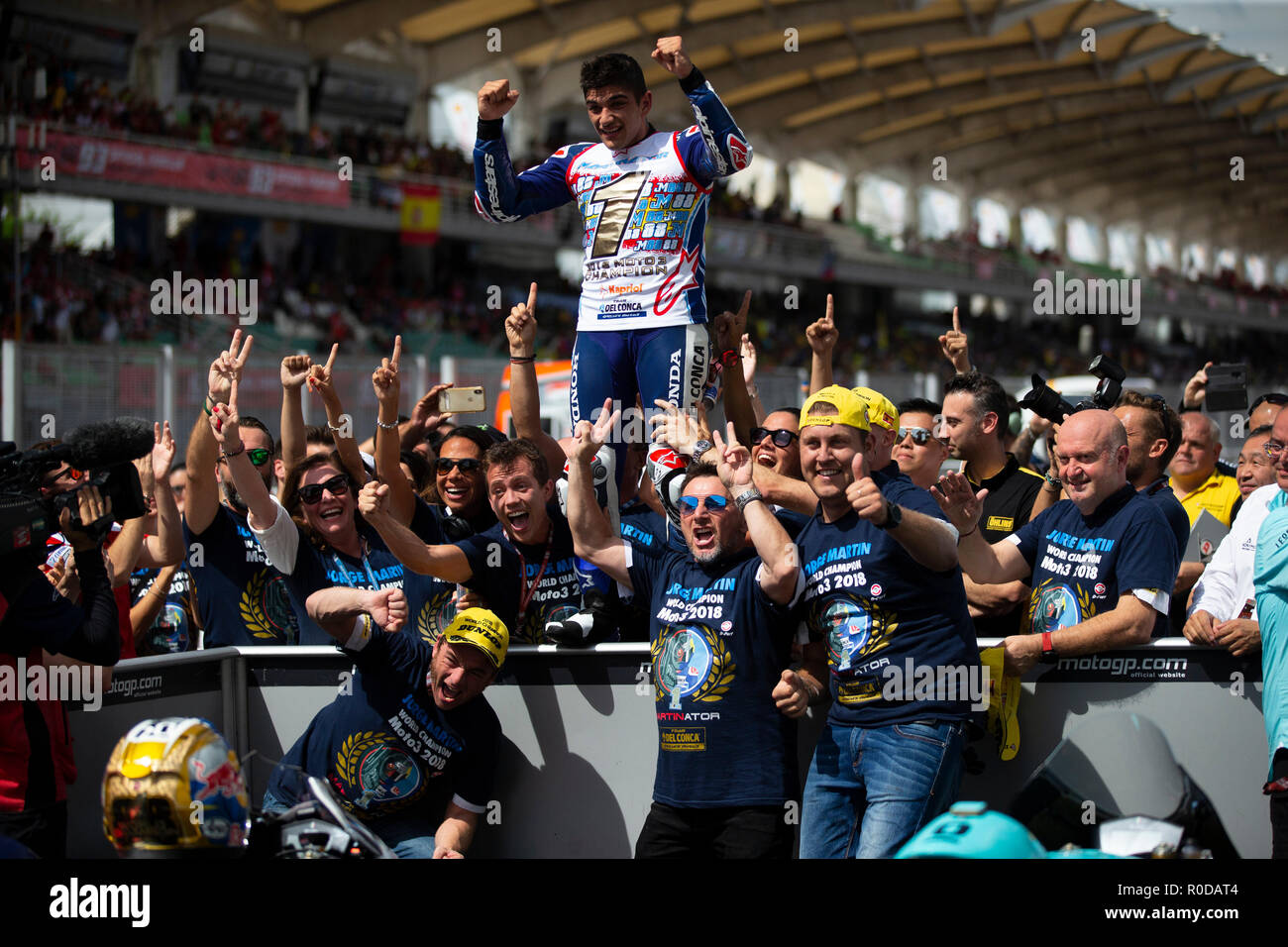 Sepang International Circuit di Sepang, in Malesia. 4 Novembre, 2018. MotoGP della Malesia, il giorno della gara; del Conca GRESINI Moto4 pilota Jorge Martin vince la Moto3 in gara per diventare moto3 campione del mondo Credito: Azione Sport Plus/Alamy Live News Foto Stock