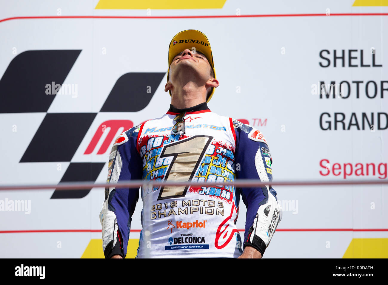 Sepang International Circuit di Sepang, in Malesia. 4 Novembre, 2018. MotoGP della Malesia, il giorno della gara; del Conca GRESINI Moto4 pilota Jorge Martin vince la Moto3 in gara per diventare moto3 campione del mondo Credito: Azione Sport Plus/Alamy Live News Foto Stock