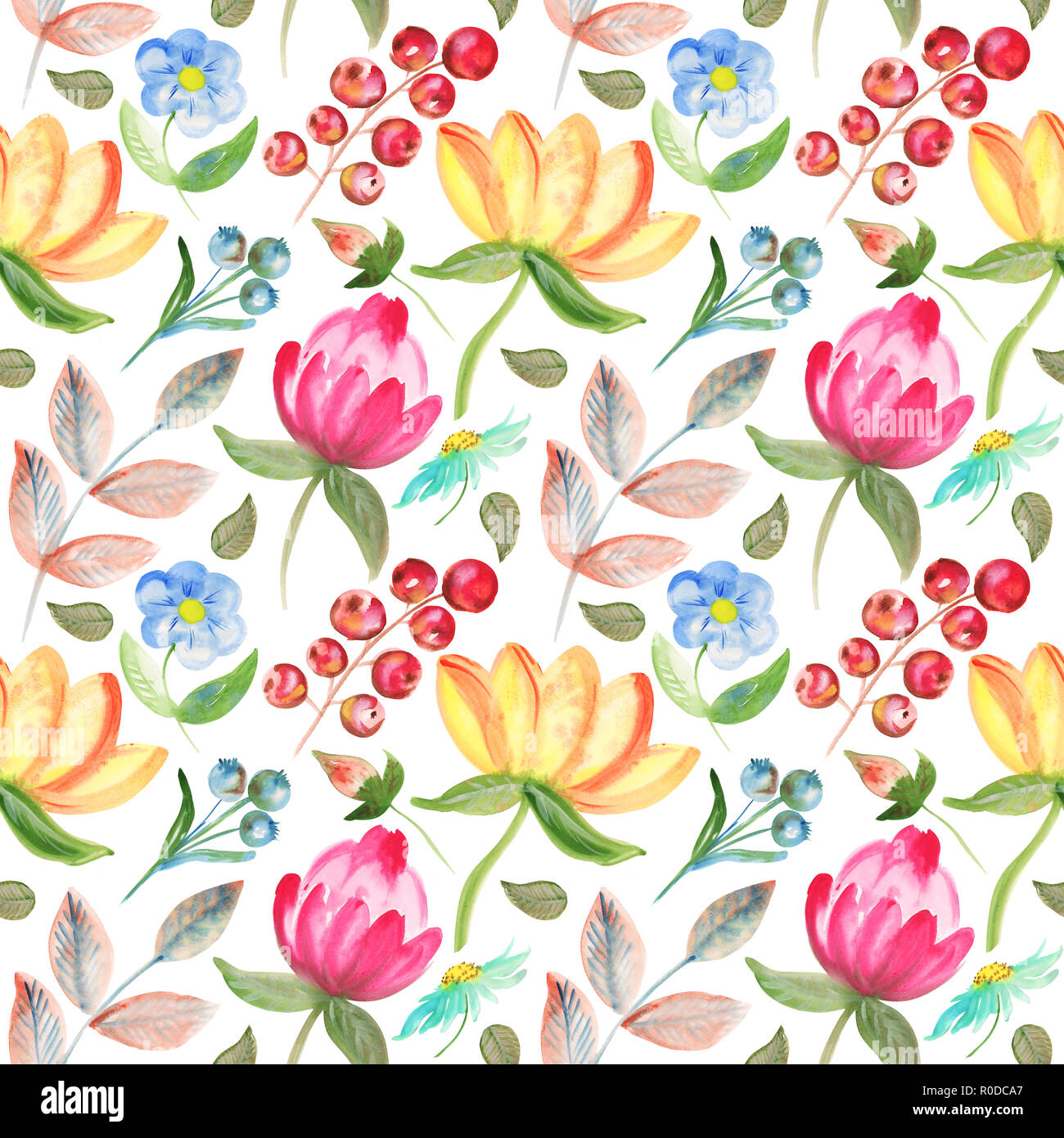 Illustrazione Raster modello astratto di fiori dipinti ad acquerello su sfondo Foto Stock
