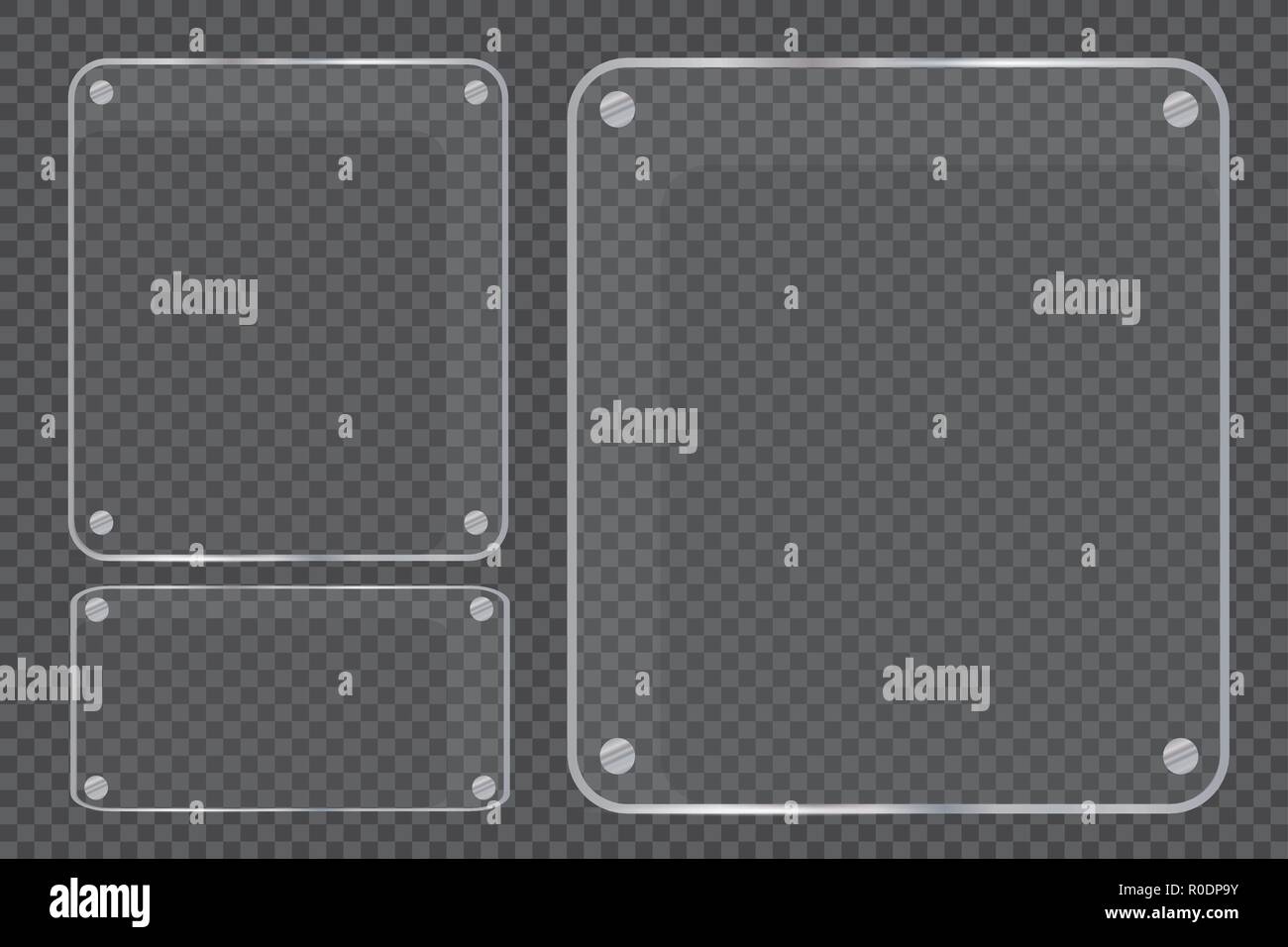 Le piastre di vetro sono installati. Vettore banner di vetro su uno sfondo trasparente. Il vetro. Dipinti di vetro. Cornici a colori. Illustrazione Vettoriale