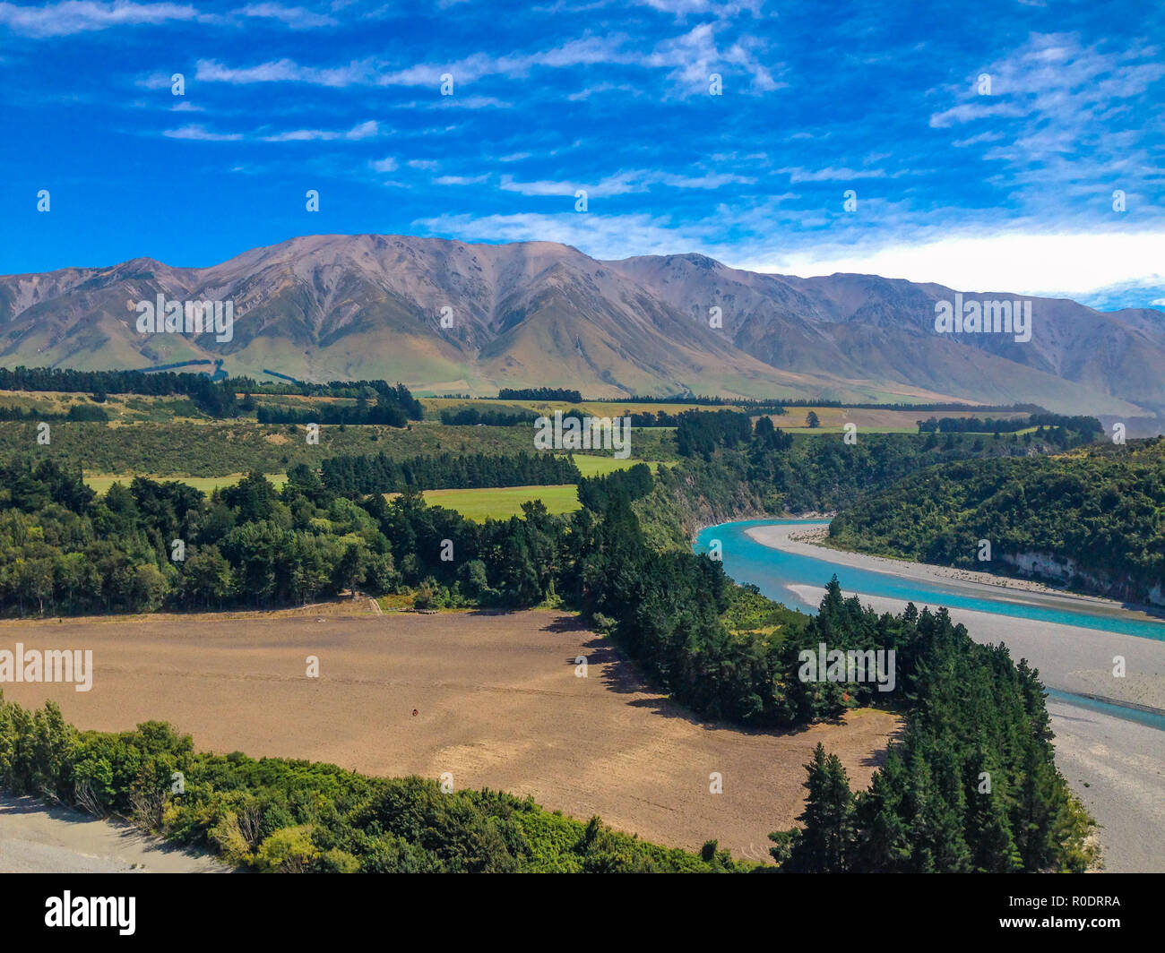Il pittoresco Rakaia Gorge e Rakaia River sull'Isola del Sud della Nuova Zelanda Foto Stock