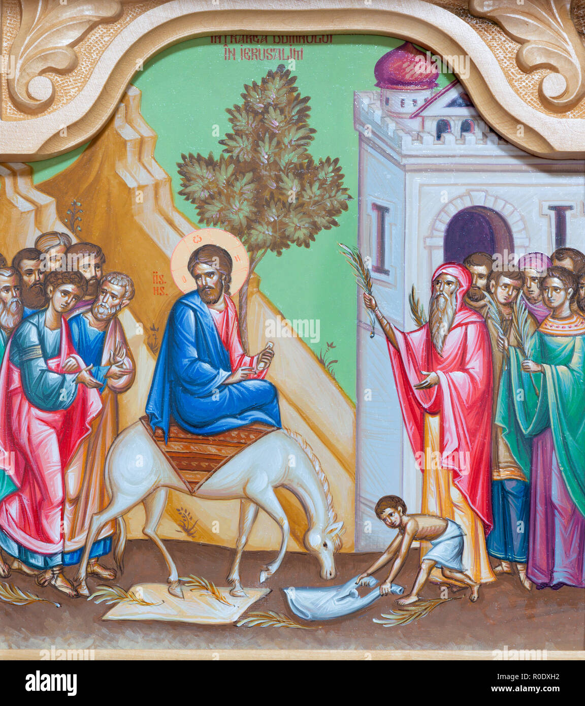 REGGIO EMILIA, Italia - 12 Aprile 2018: l'icona di entrata di Gesù a Gerusalemme (Palm Sundy) sul iconostas nella Chiesa di San Giorgio Foto Stock