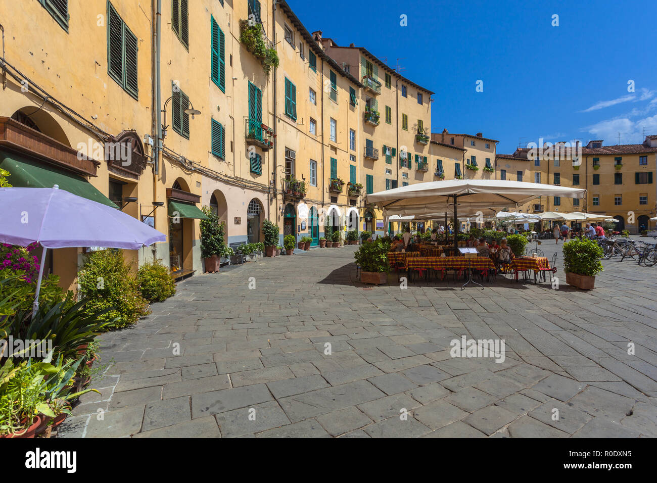 Il famoso ovale piazza della città in una giornata di sole a Lucca, Toscana, Italia Foto Stock