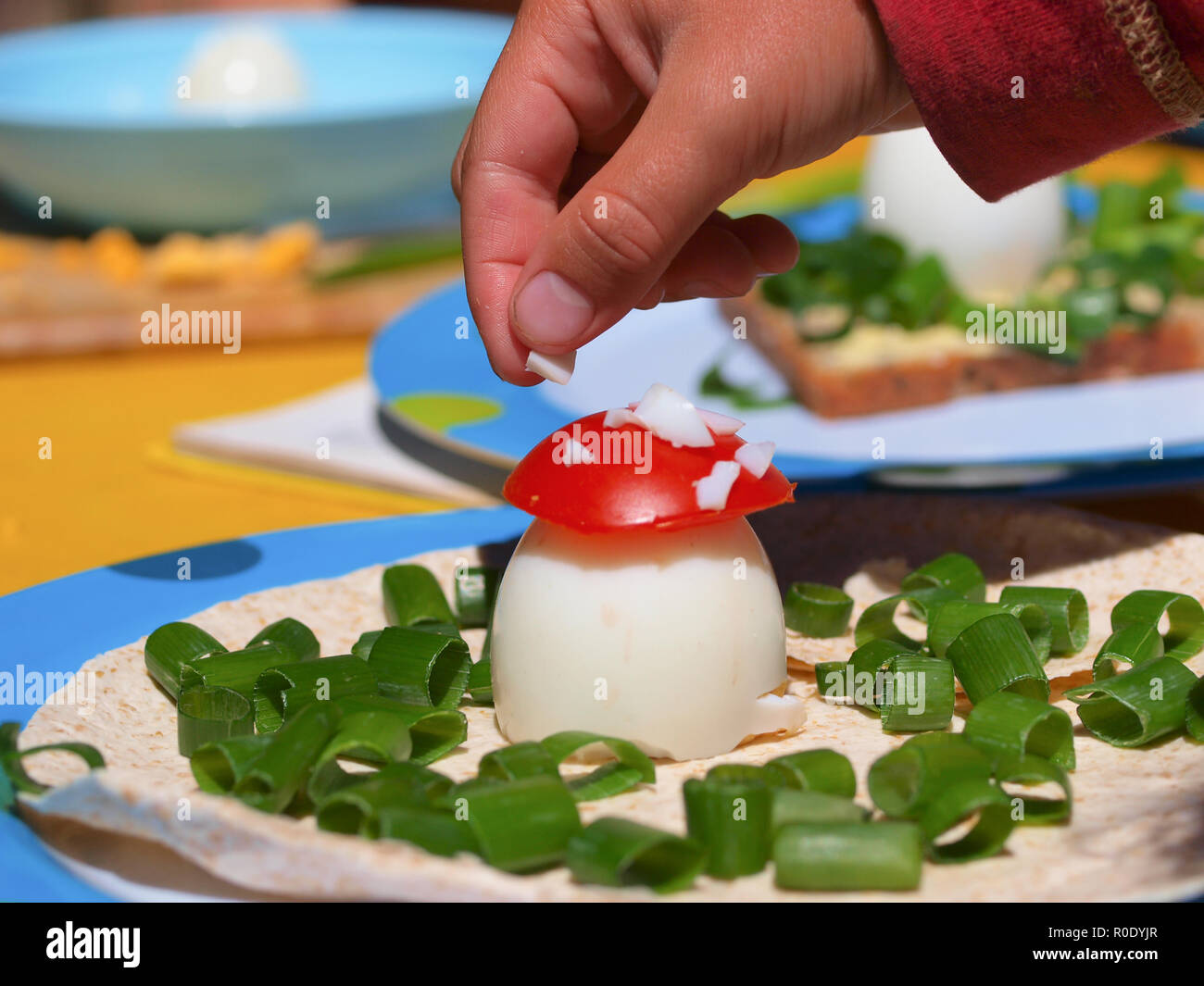 Trattamento sano, fungo fatto di uovo e pomodoro. Foto Stock