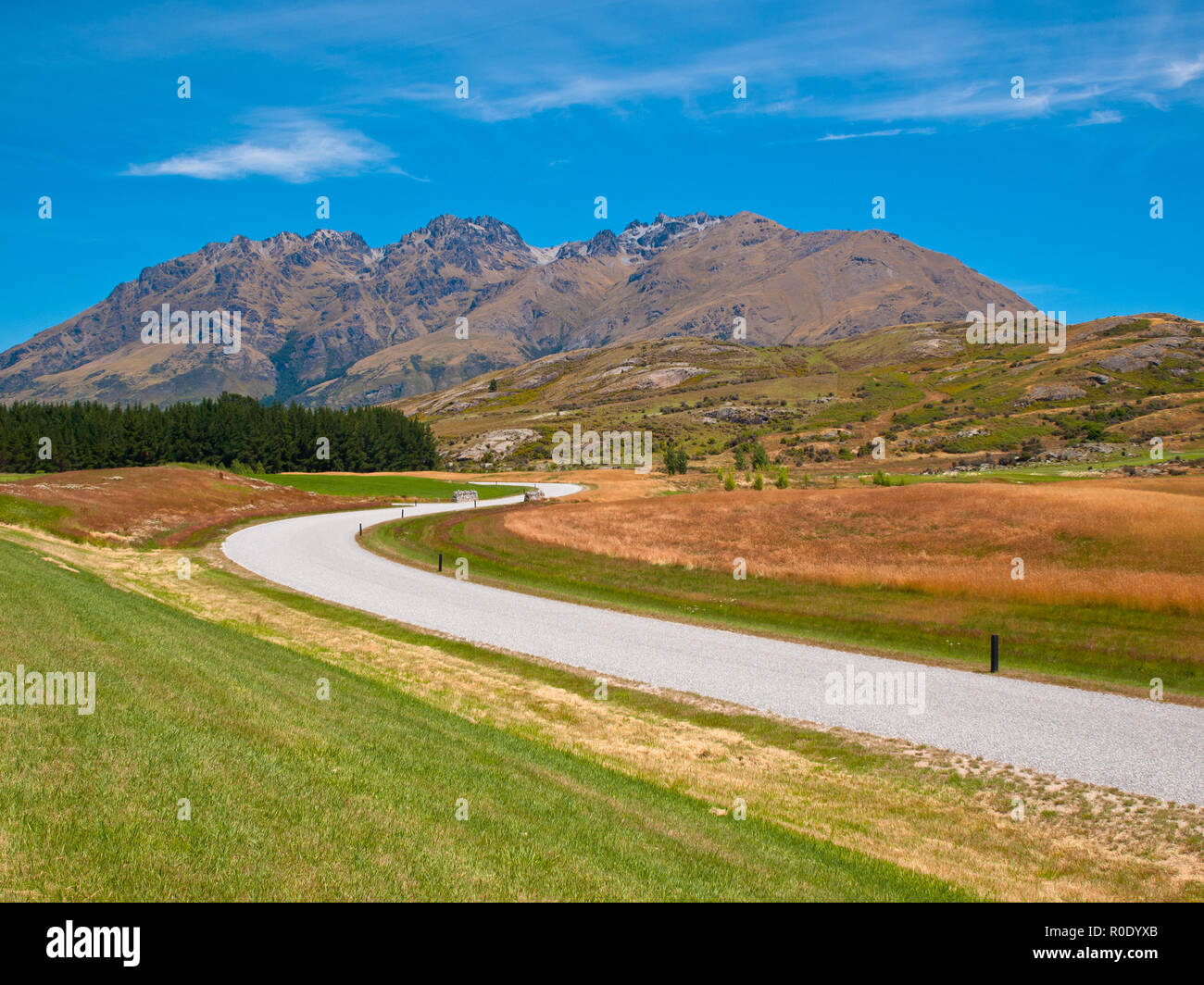 Una strada bianca attraverso la Nuova Zelanda campagna vicino a Queenstown Foto Stock