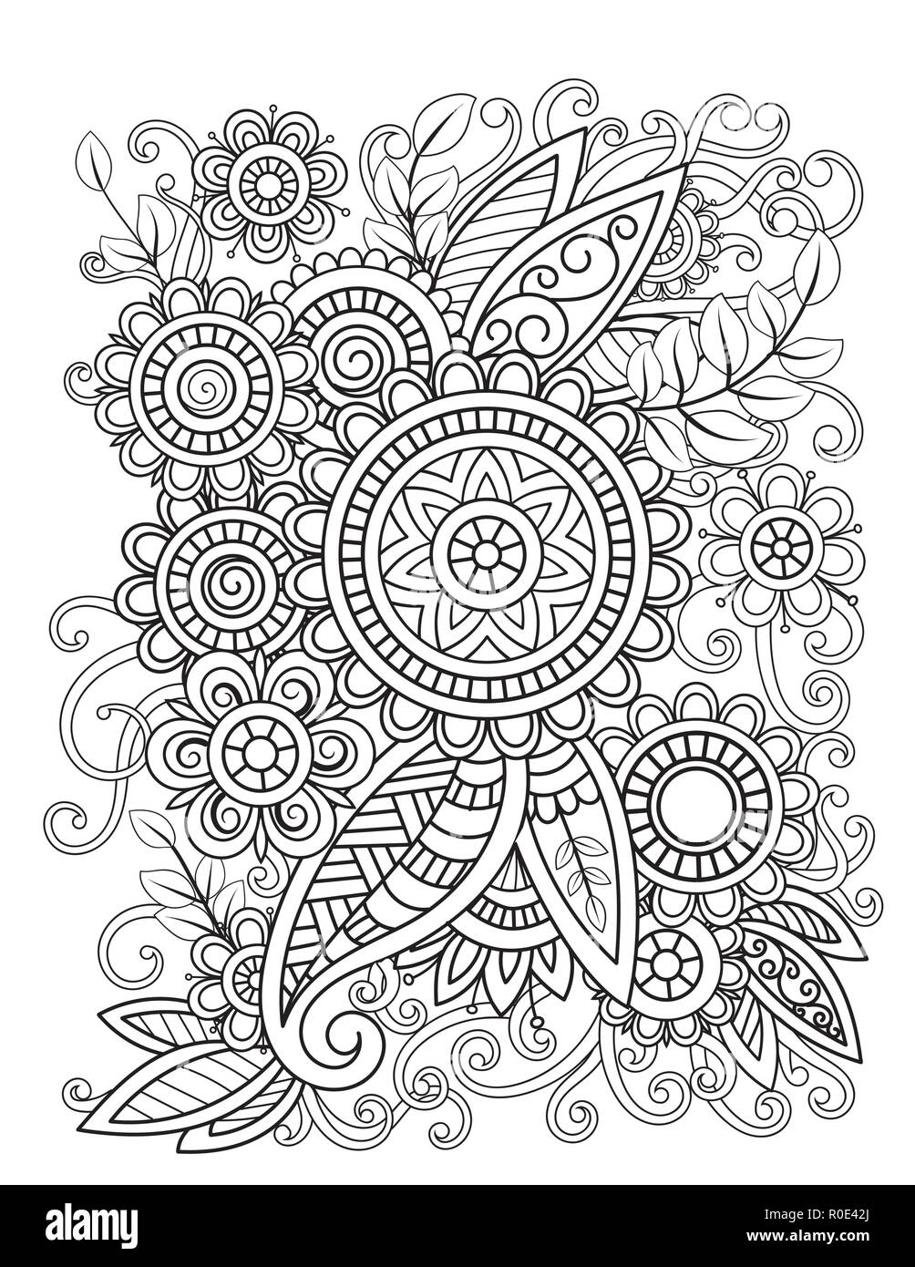 Colorazione per adulti pagina orientali con motivo floreale. Bianco e nero scarabocchio fiori. Bouquet line art illustrazione vettoriale isolati su sfondo bianco. Mehndi design vettoriali Illustrazione Vettoriale