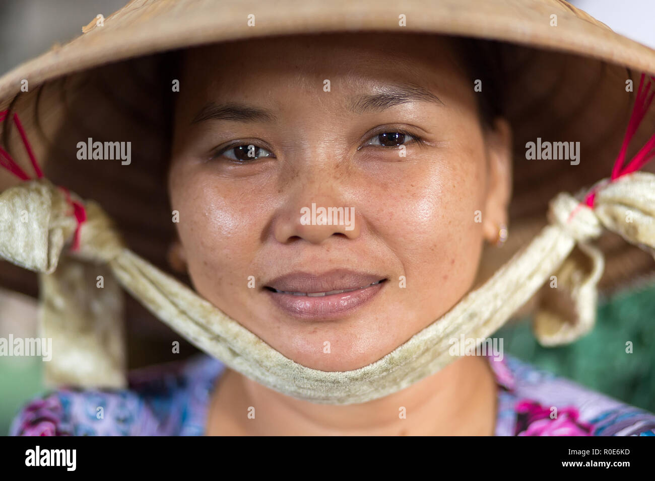 CAN THO, Vietnam, dicembre 11, 2014:Ritratto di una donna di vendere il latte di soia in coperta Tan un mercato in Can Tho city, Vietnam. Foto Stock