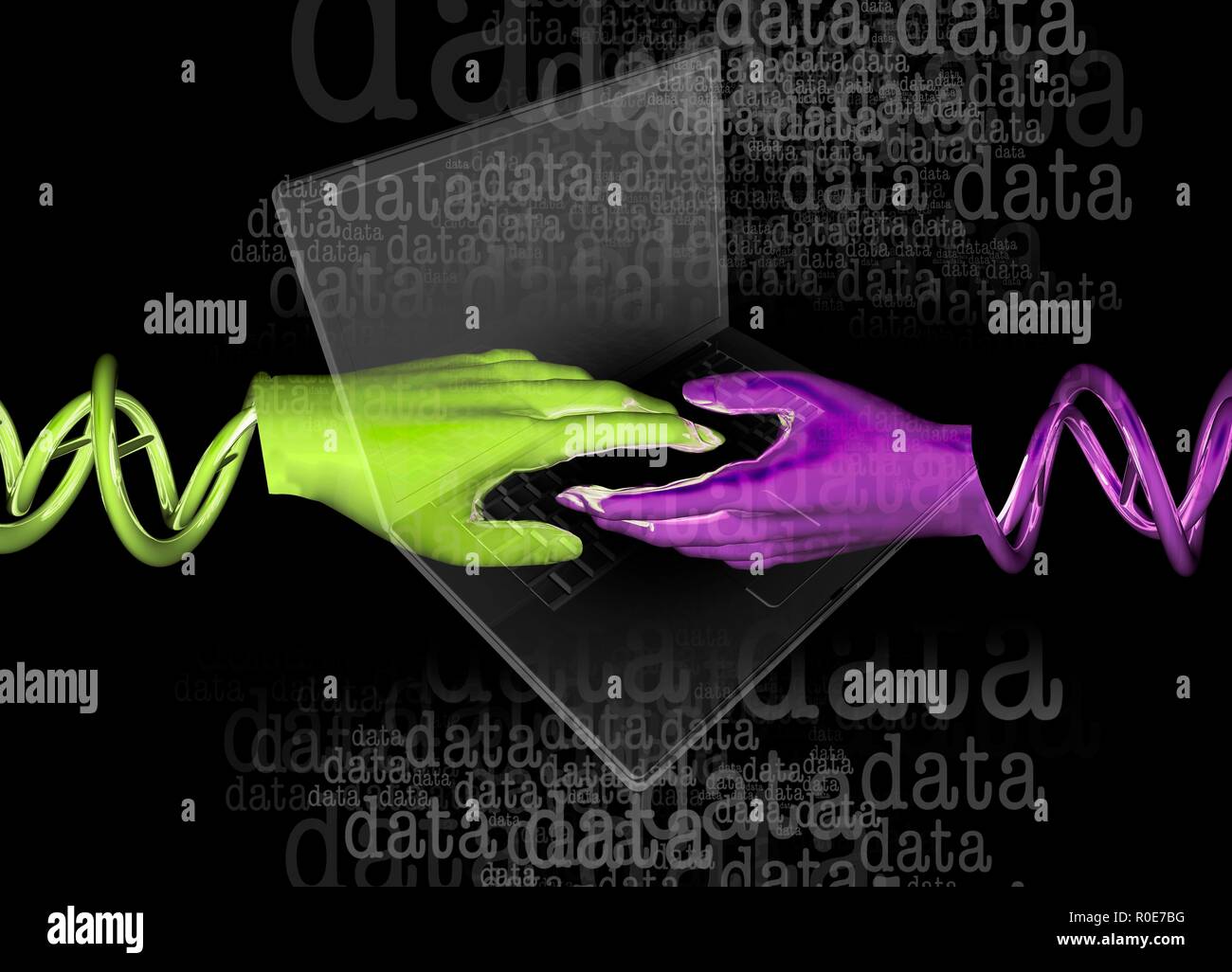 Verde e viola le mani, condivisione dati illustrazione concettuale. Foto Stock