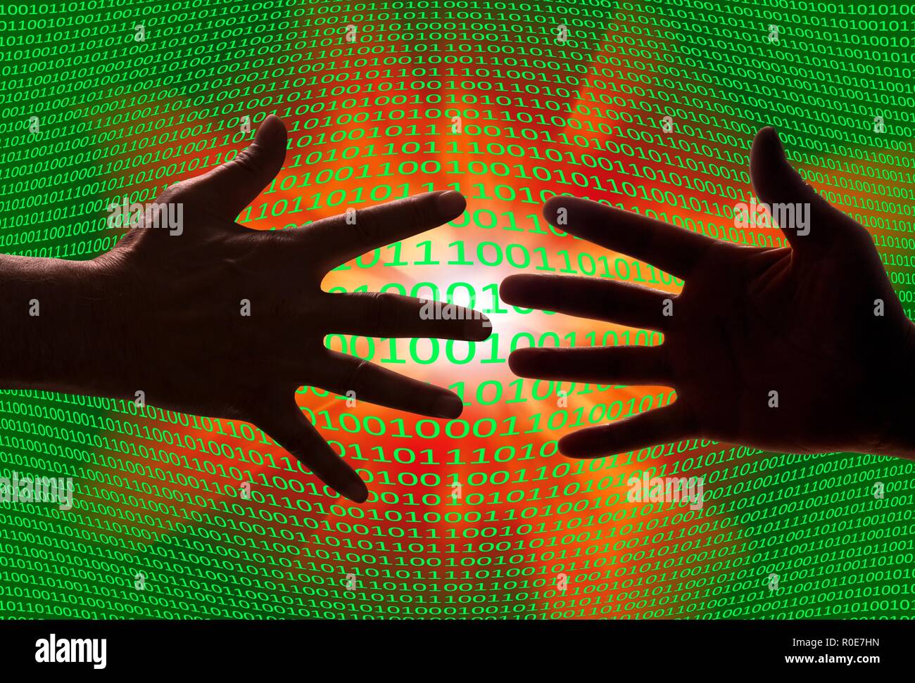 Le mani con il codice binario, illustrazione. Foto Stock