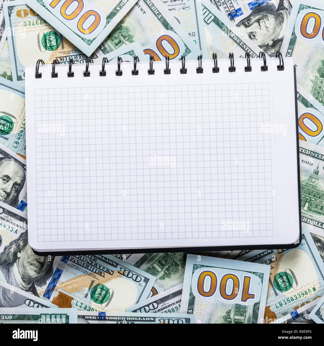 Notebook per le note sul denaro del fondo da un centinaio di dollari Foto Stock