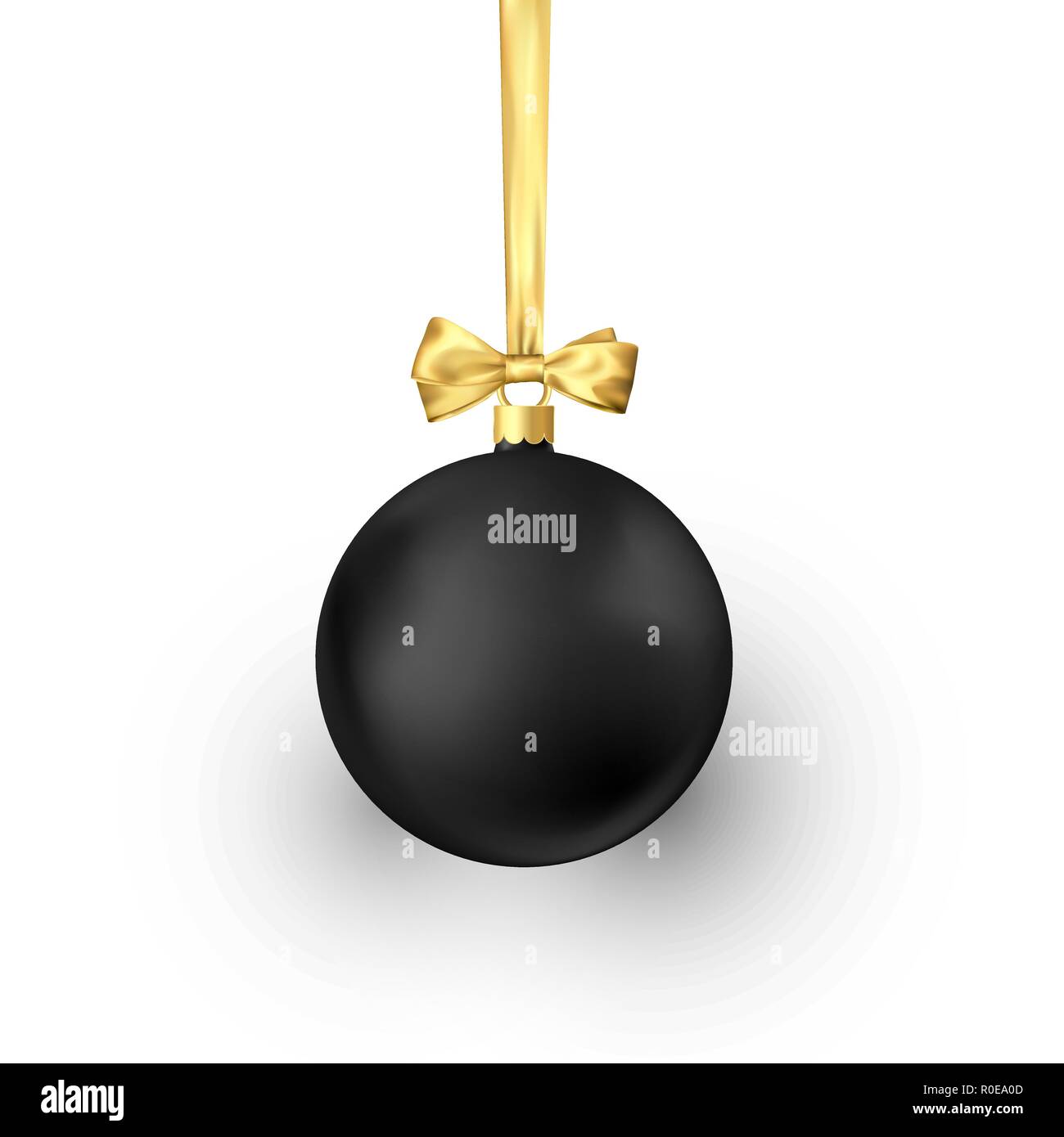 Nero palla di Natale con seta dorata nastro. Elemento di decorazione di vacanza. Illustrazione di vettore isolato su sfondo bianco Illustrazione Vettoriale