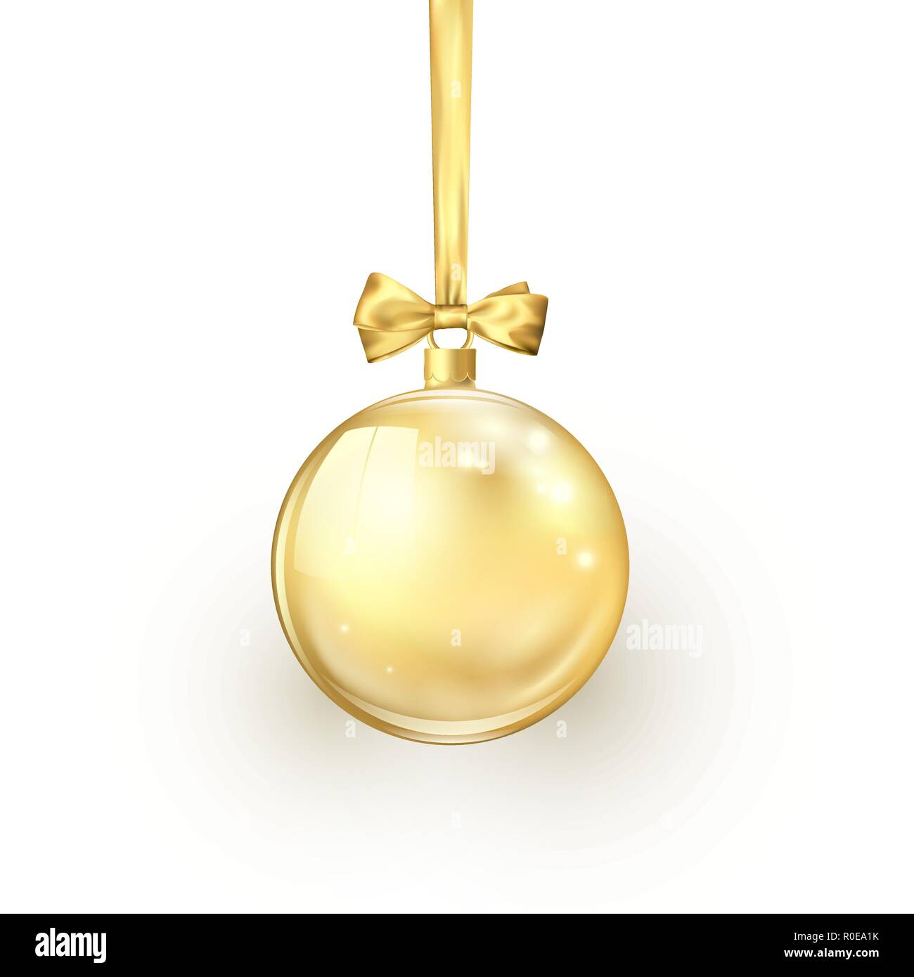 Oro palla di Natale con seta dorata e nastro di prua. Elemento di decorazione di vacanza. Illustrazione di vettore isolato su sfondo bianco Illustrazione Vettoriale