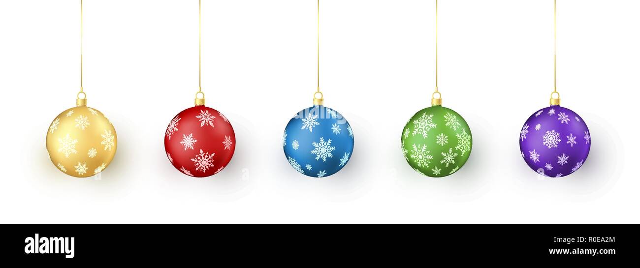 Set di palle di Natale su sfondo bianco. Coloratissimo Natale e Anno Nuovo giocattoli decorazione mediante il simbolo del fiocco di neve. Festa tradizionale elemento di decorazione. Vect Illustrazione Vettoriale