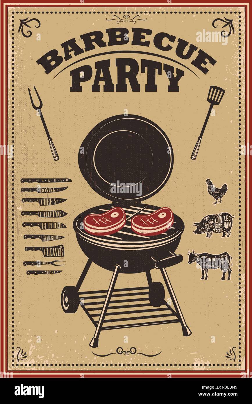Il barbecue party poster. Barbecue e grill. Elemento di design per la  carta, banner, flyer. Illustrazione Vettoriale Immagine e Vettoriale - Alamy