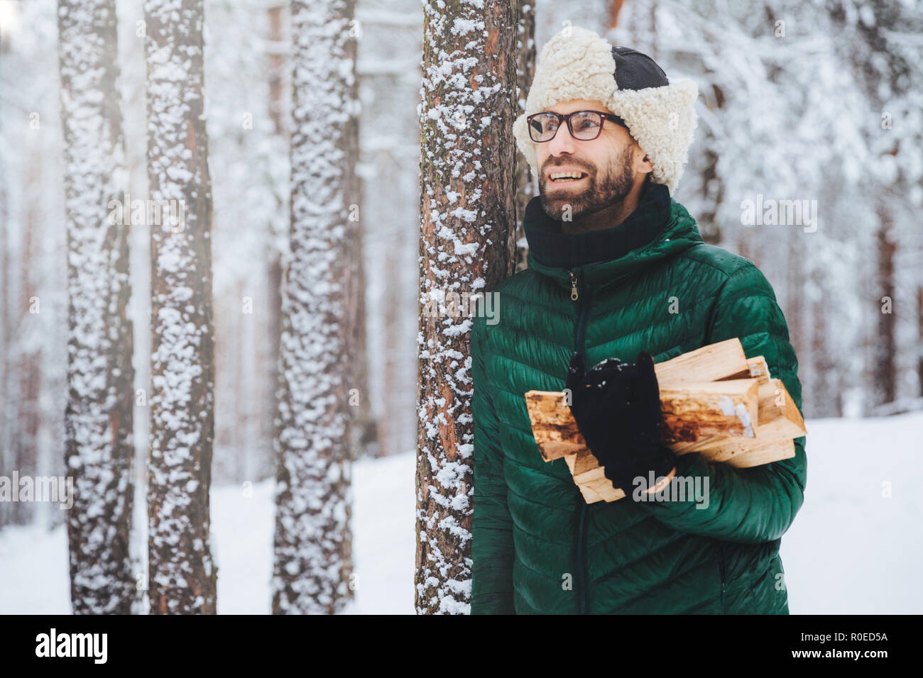 Piacevole guardando Felice Tiene maschio di legna da ardere, guarda pensieroso a parte, sorge nei pressi di inverno alberi, sogni circa qualcosa di piacevole e gode di una bella wint Foto Stock