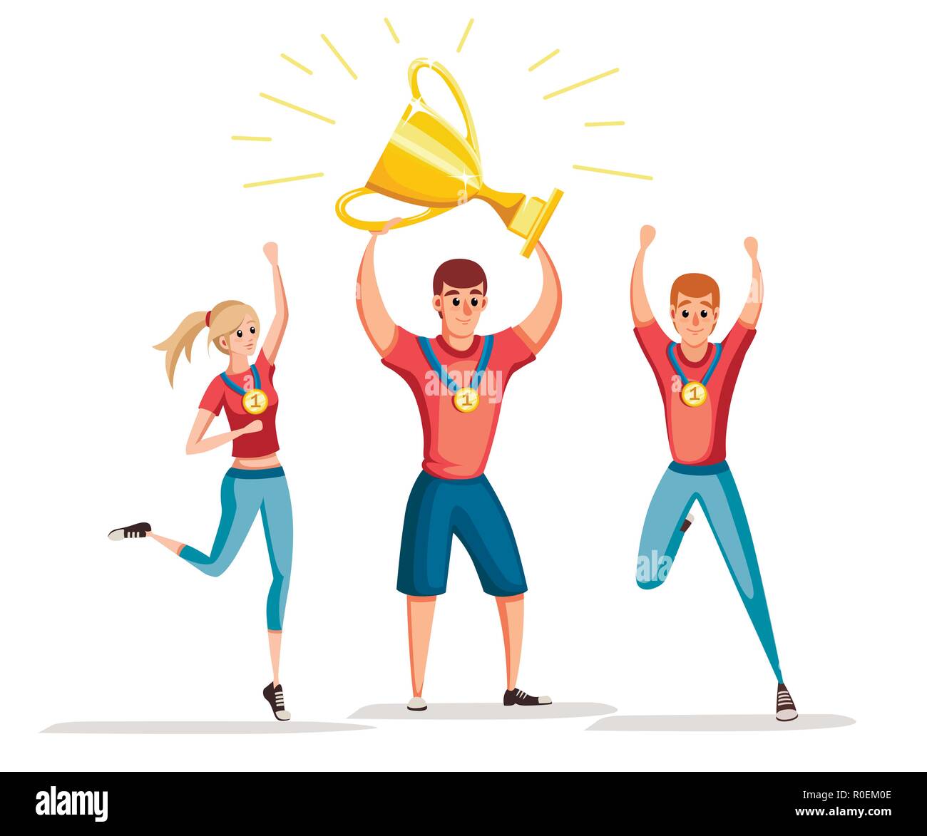 Sport team in camicie rosse vincitori. Al primo posto e il trofeo golden cup. Cartoon character design. Piatto illustrazione vettore isolato su sfondo bianco. Illustrazione Vettoriale