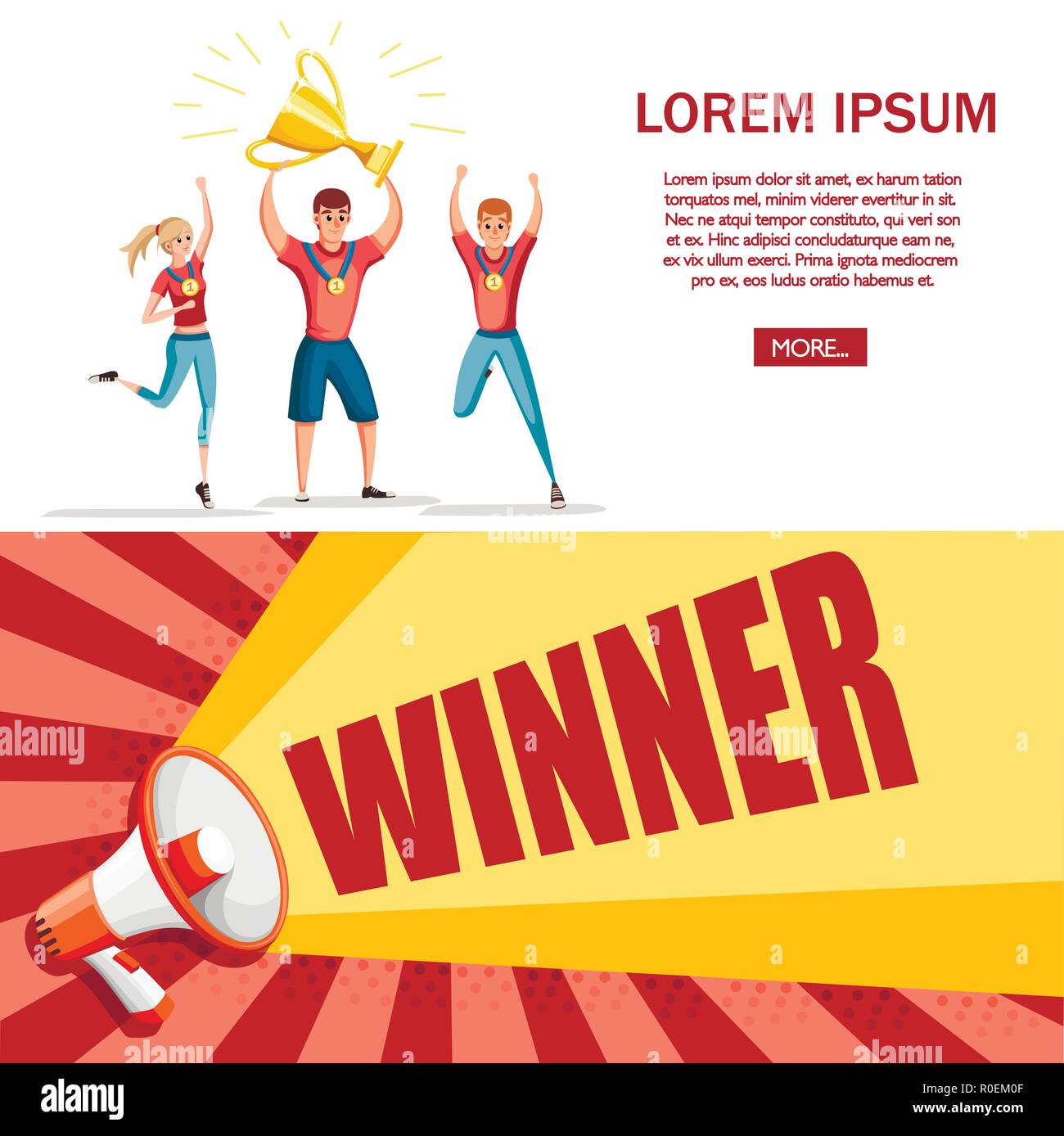 Sport team in camicie rosse vincitori. 1 ° posto e Golden Cup. Cartoon character design. Appartamento illustrazione vettoriale su sfondo bianco. Altoparlante e il vincitore Illustrazione Vettoriale