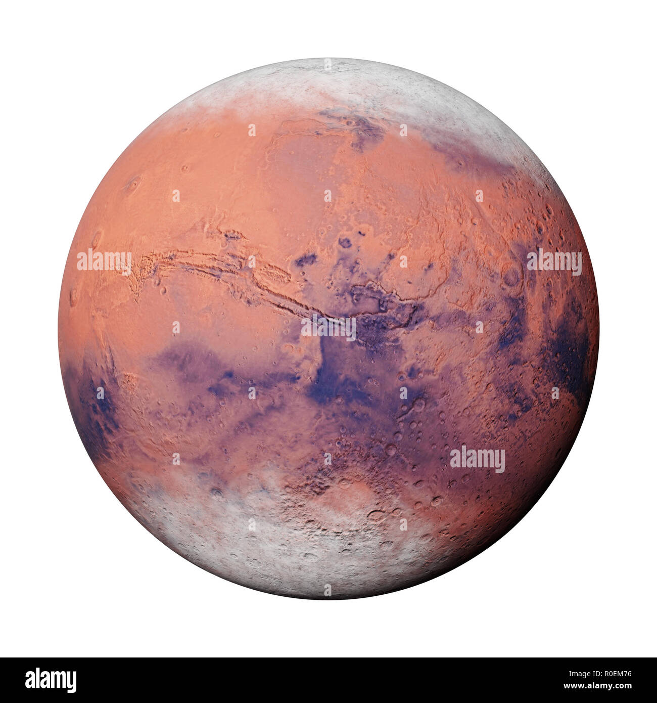 Pianeta Marte durante l'inverno marziano, isolato su sfondo bianco Foto Stock