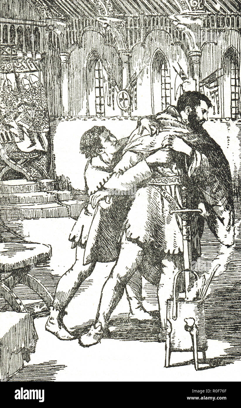 Il principe Arthur, Arthur I, duca di Bretagna, chiedendo per la sua vita, che supplica il suo carceriere William de Braose, Castello di Rouen, Francia, circa 1203 Foto Stock