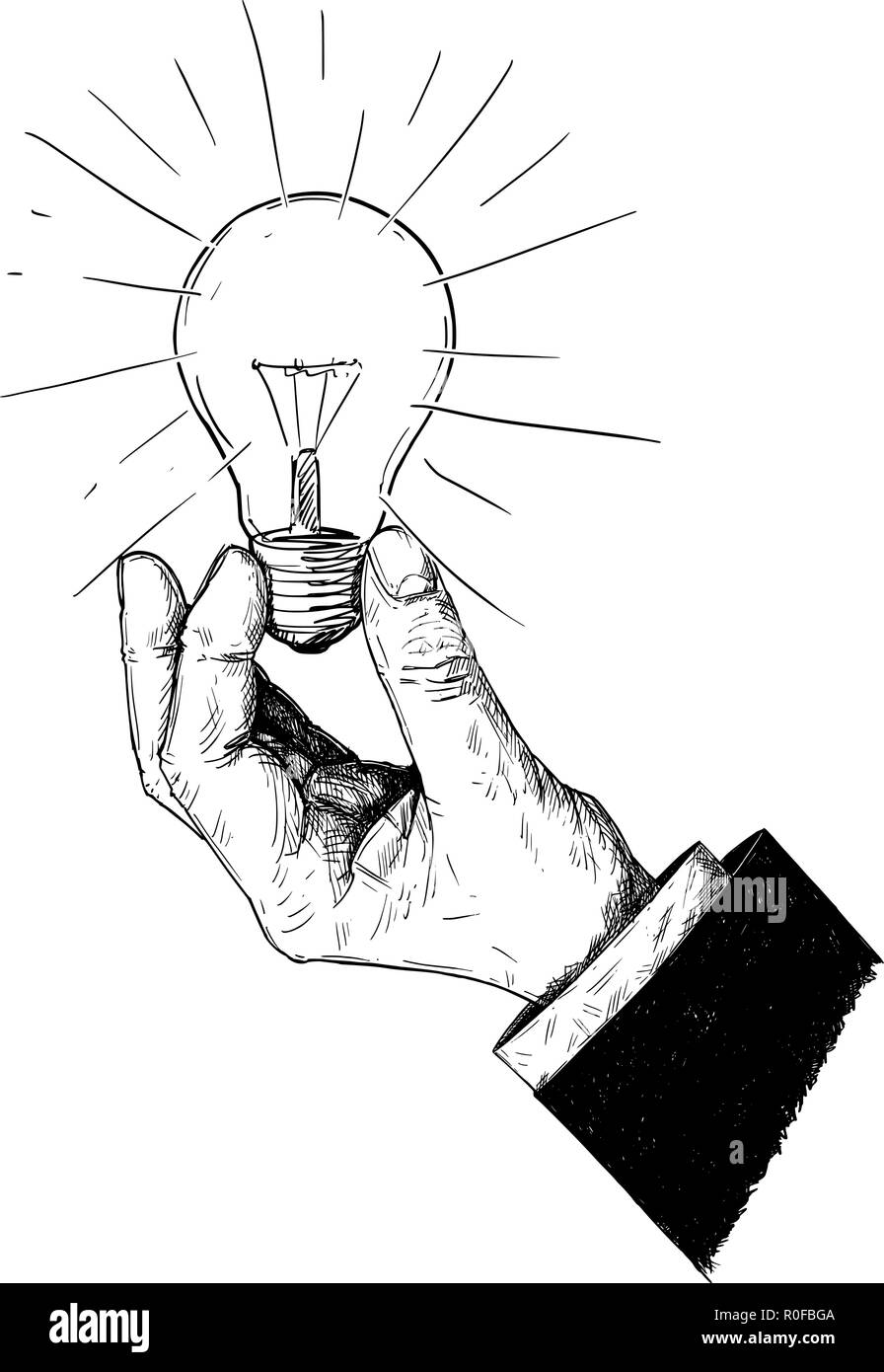 Vettore di disegno artistico illustrazione della mano del businessman Holding lampadina della luce Illustrazione Vettoriale