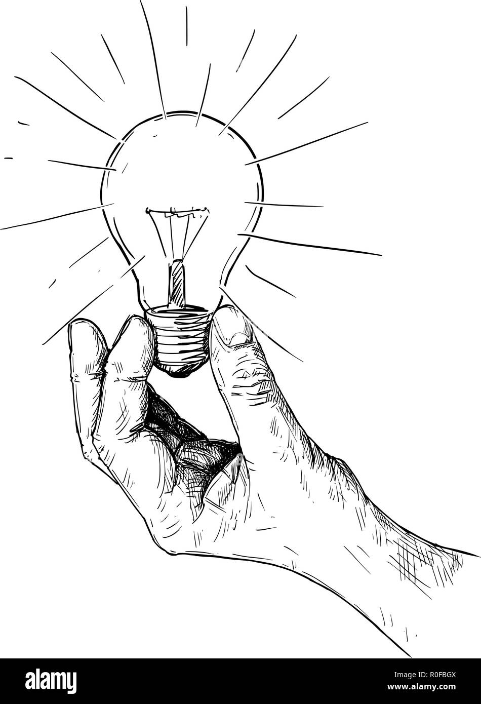Vettore di disegno artistico illustrazione della mano che tiene la lampadina di luce Illustrazione Vettoriale