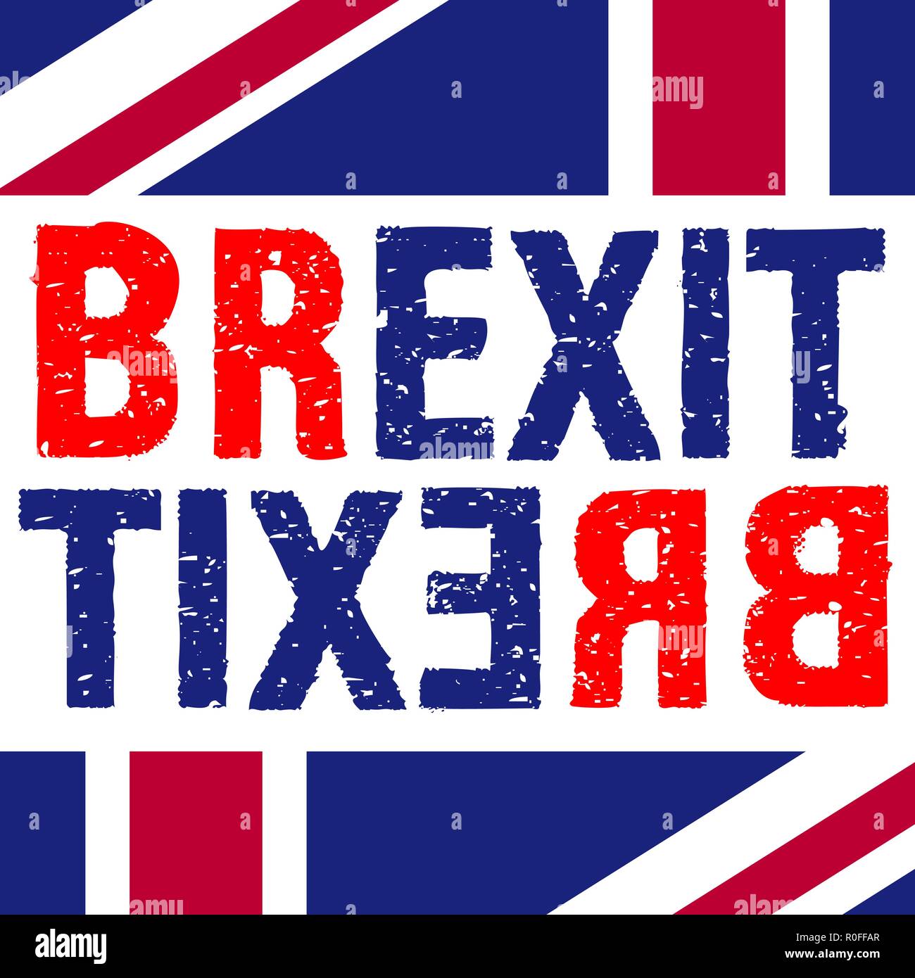 Testo Brexit Design Concept. Regno Unito uscire dall'Unione europea. Addolorato di blu e di rosso le Lettere con elementi della bandiera britannica. Illustrazione Vettoriale