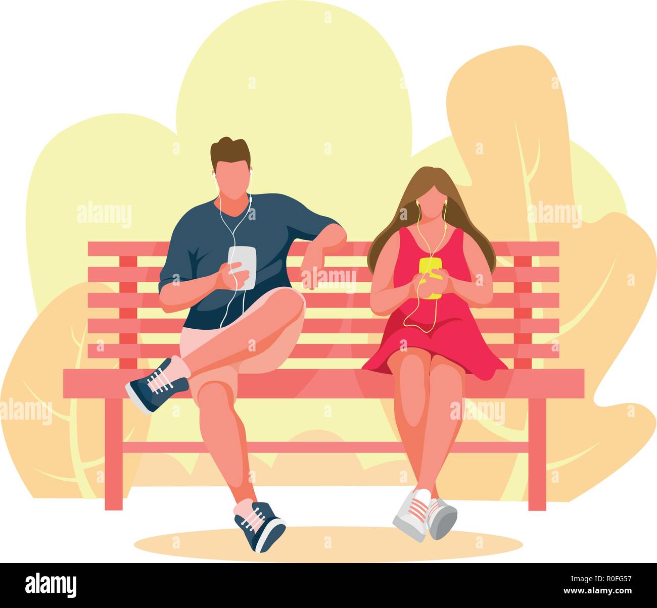 L uomo e la ragazza seduta sul banco di lavoro. L uomo e la donna l'ascolto di musica. Una panchina nel parco illustrazione vettoriale Illustrazione Vettoriale