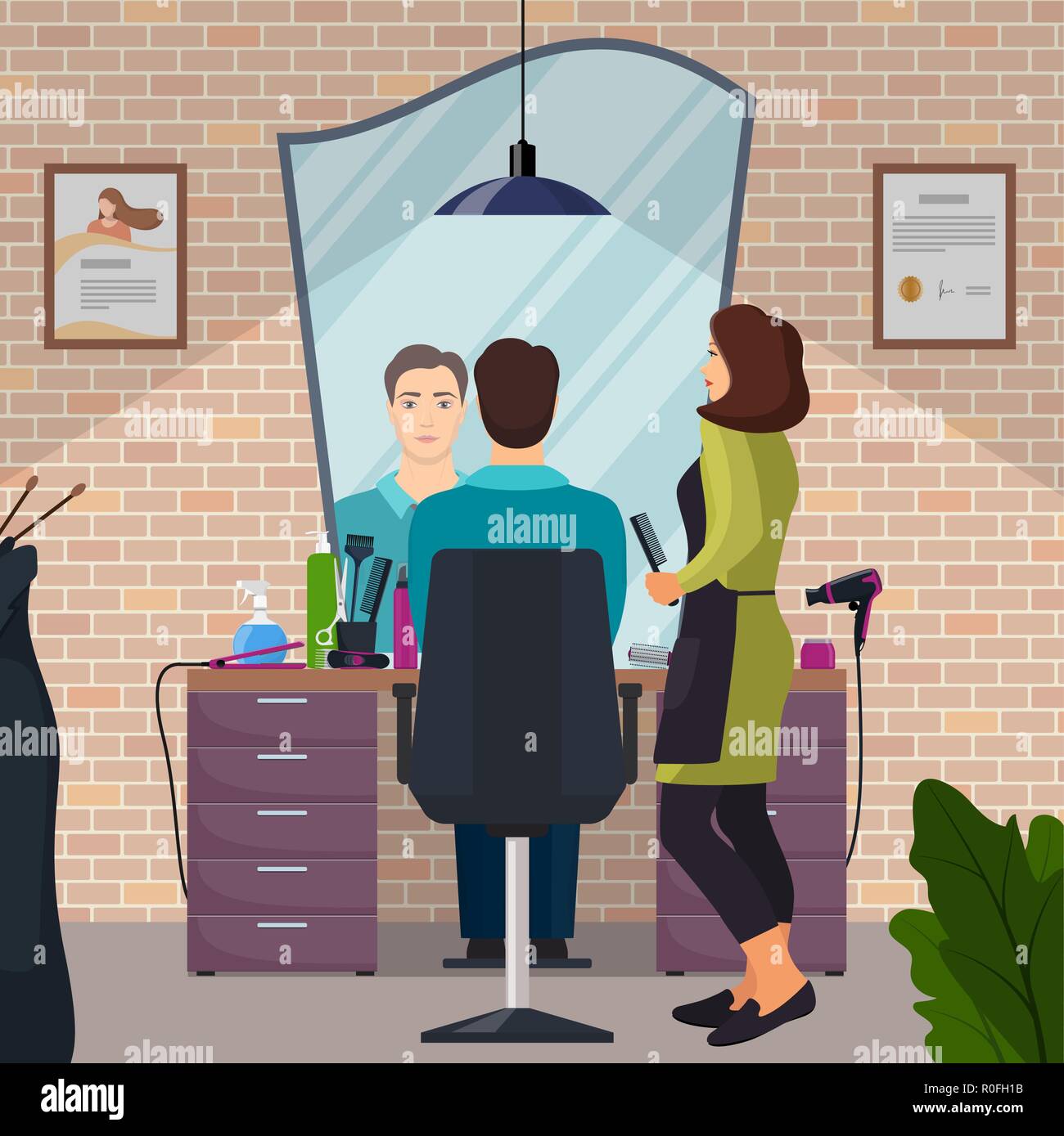 Parrucchiere uomo e client in bellezza parrucchiere in stile loft. Sedia, specchio, tavolo, strumenti per parrucchieri, prodotti cosmetici per la cura dei capelli. Barb Illustrazione Vettoriale