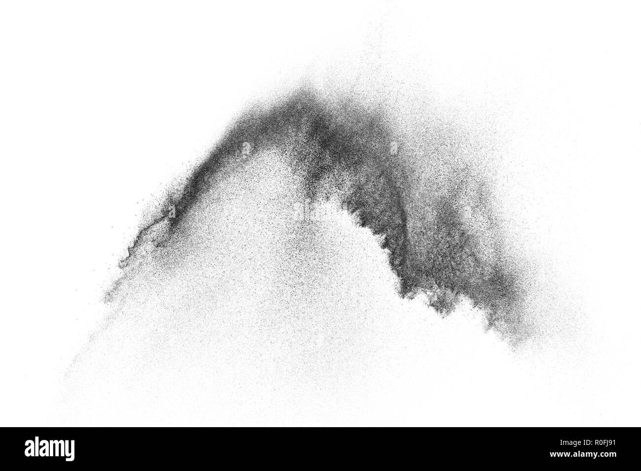 Le particelle di nero di esplosione isolati su sfondo bianco. Abstract mascherina antipolvere texture. Foto Stock