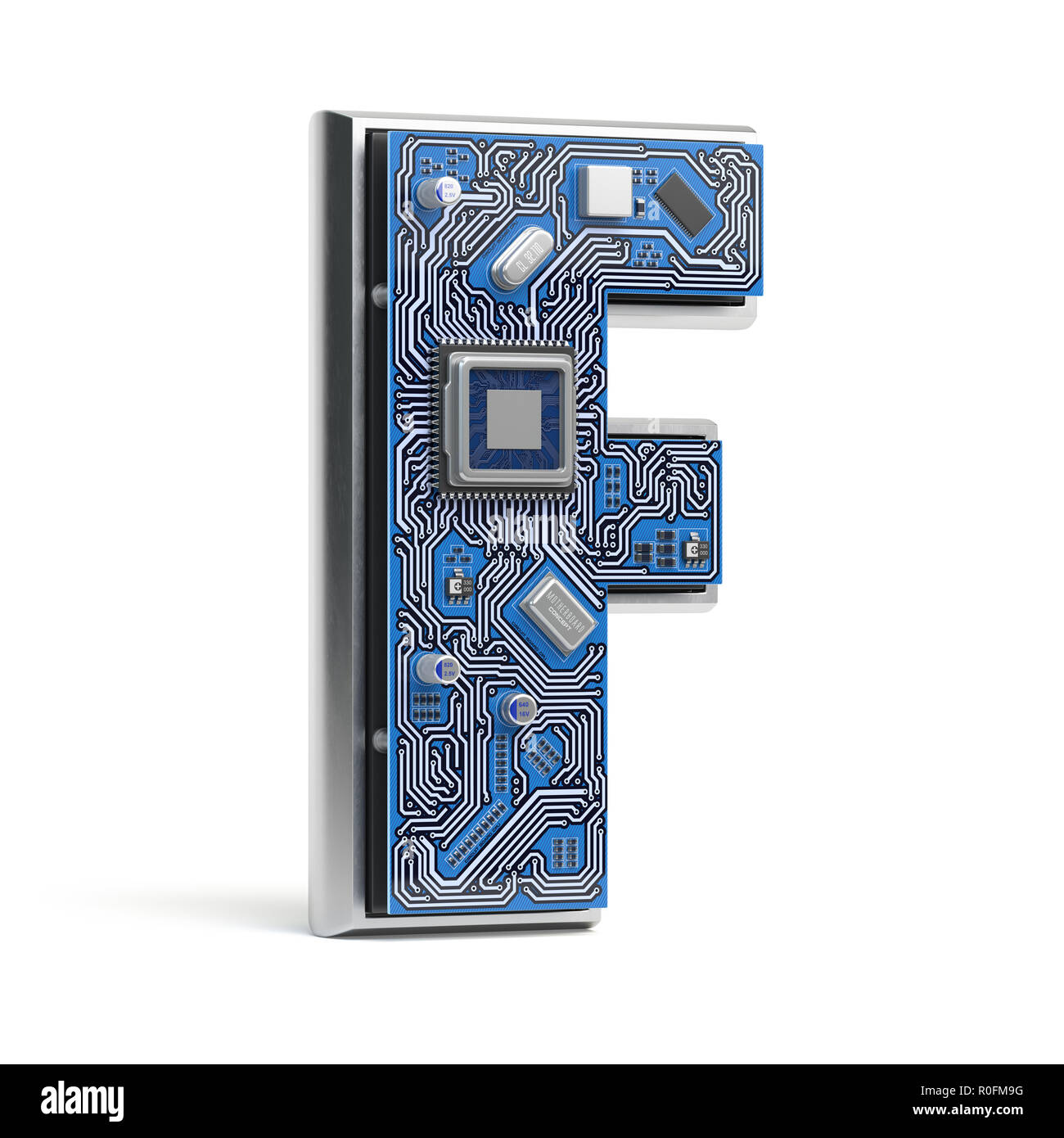Lettera F. Alfabeto nella scheda di circuito stile. Digitale hi-tech lettera isolata su bianco. 3d illustrazione Foto Stock