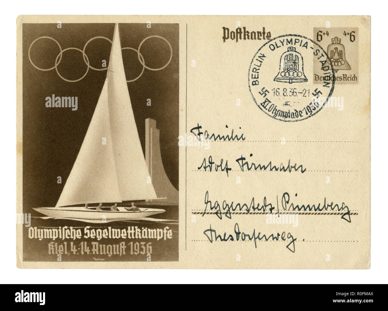 German Historical cartolina postale: XI Giochi Olimpici Estivi 1936 a Berlino, sport acquatici, città Kiel, yacht, cancellazione speciale, Germania, Terzo Reich Foto Stock