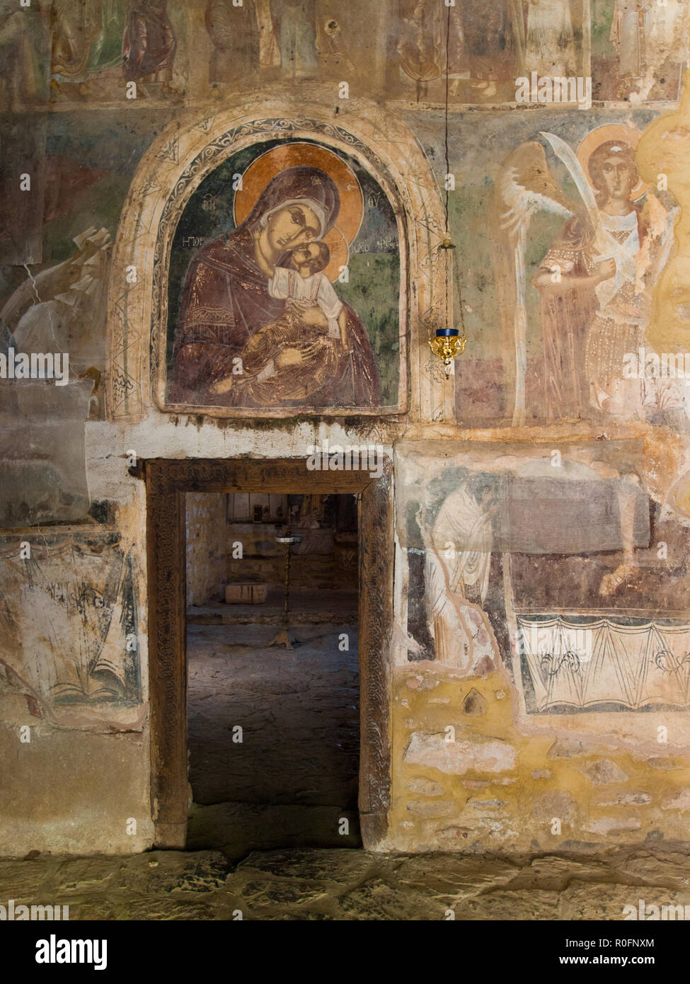 Monastero di Panagia Porfyra (Vergine) su Agios Achilios isola nella regione di Prespa della Grecia Foto Stock