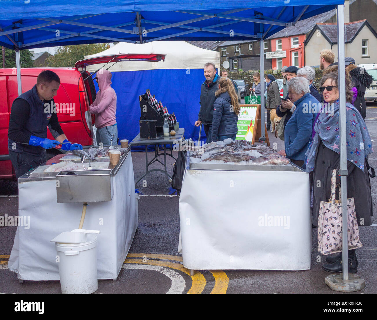 Gli amanti dello shopping l'acquisto di pesce fresco da un pescivendoli stallo in un paese mercato. Skibbereen, West Cork in Irlanda Foto Stock Gli amanti dello shopping l'acquisto di pesce fresco da un pescivendoli stallo in un paese mercato. Skibbereen, West Cork in Irlanda Foto Stock