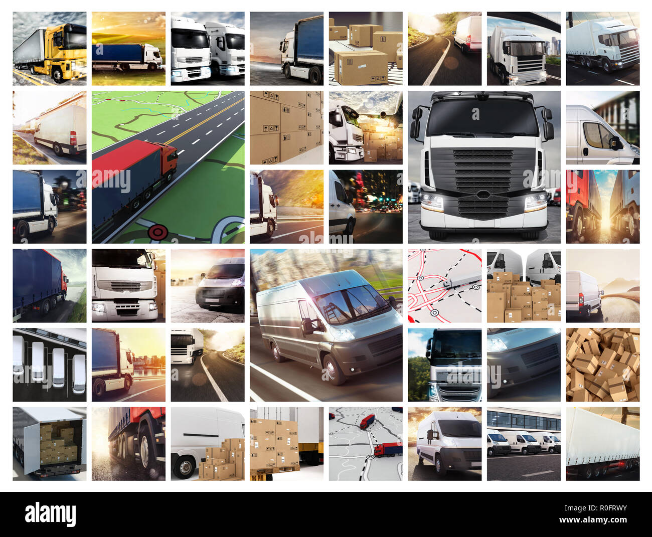Composizione di collage con furgoni e autocarri. Concetto di trasporto e logistica Foto Stock