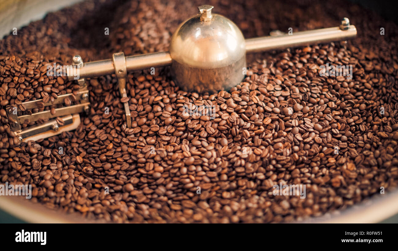 Torrefazione di caffè appena il caffè torrefatto in grani sfondo Foto Stock