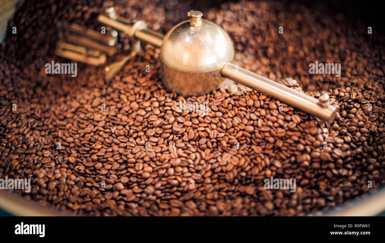 Torrefazione di caffè appena il caffè torrefatto in grani sfondo Foto Stock